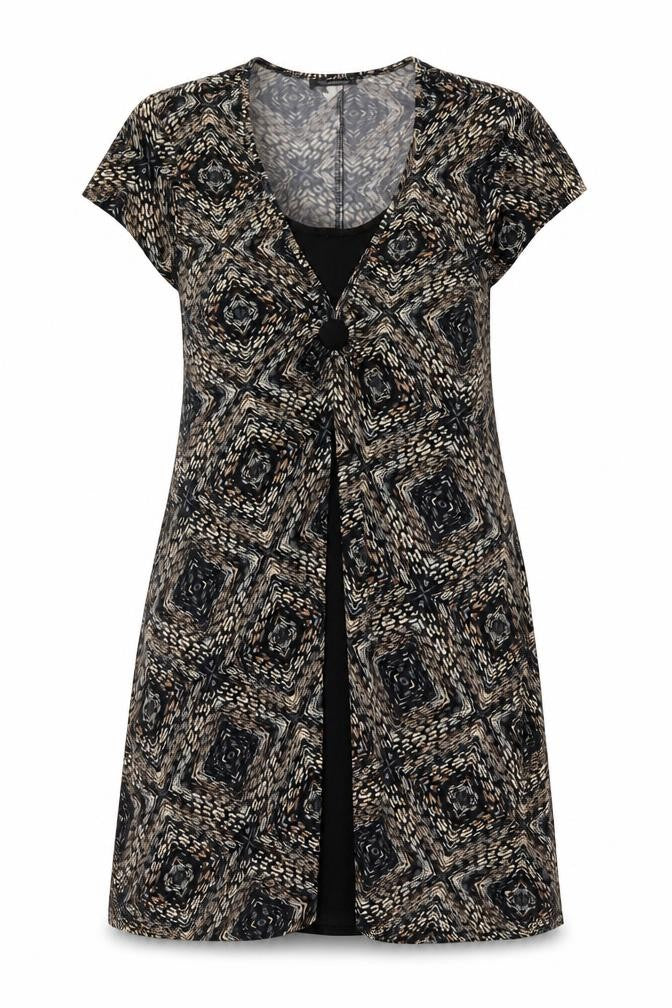 Eonnected Womens Brown Geometric Polyester A-Line Size L V-Neck Pullover