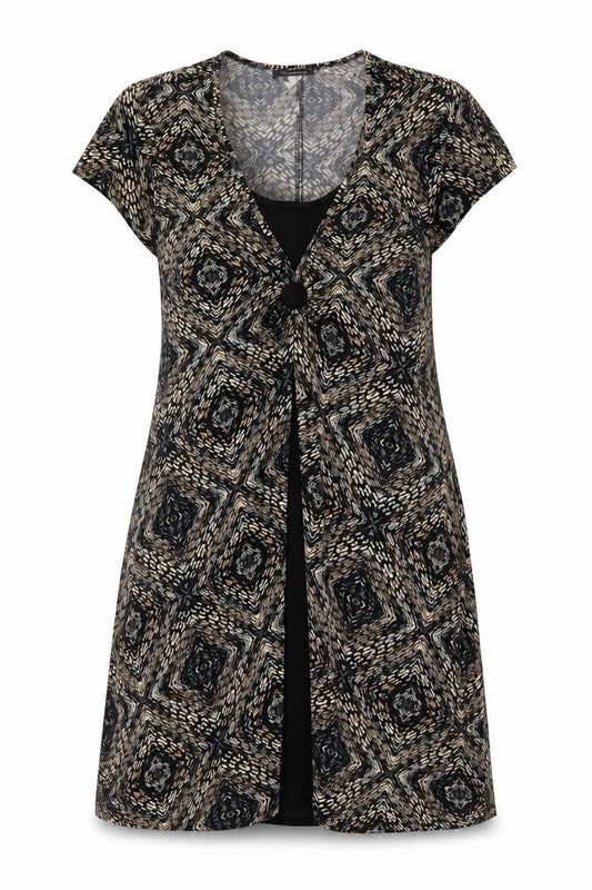 Eonnected Womens Brown Geometric Polyester A-Line Size L V-Neck Pullover