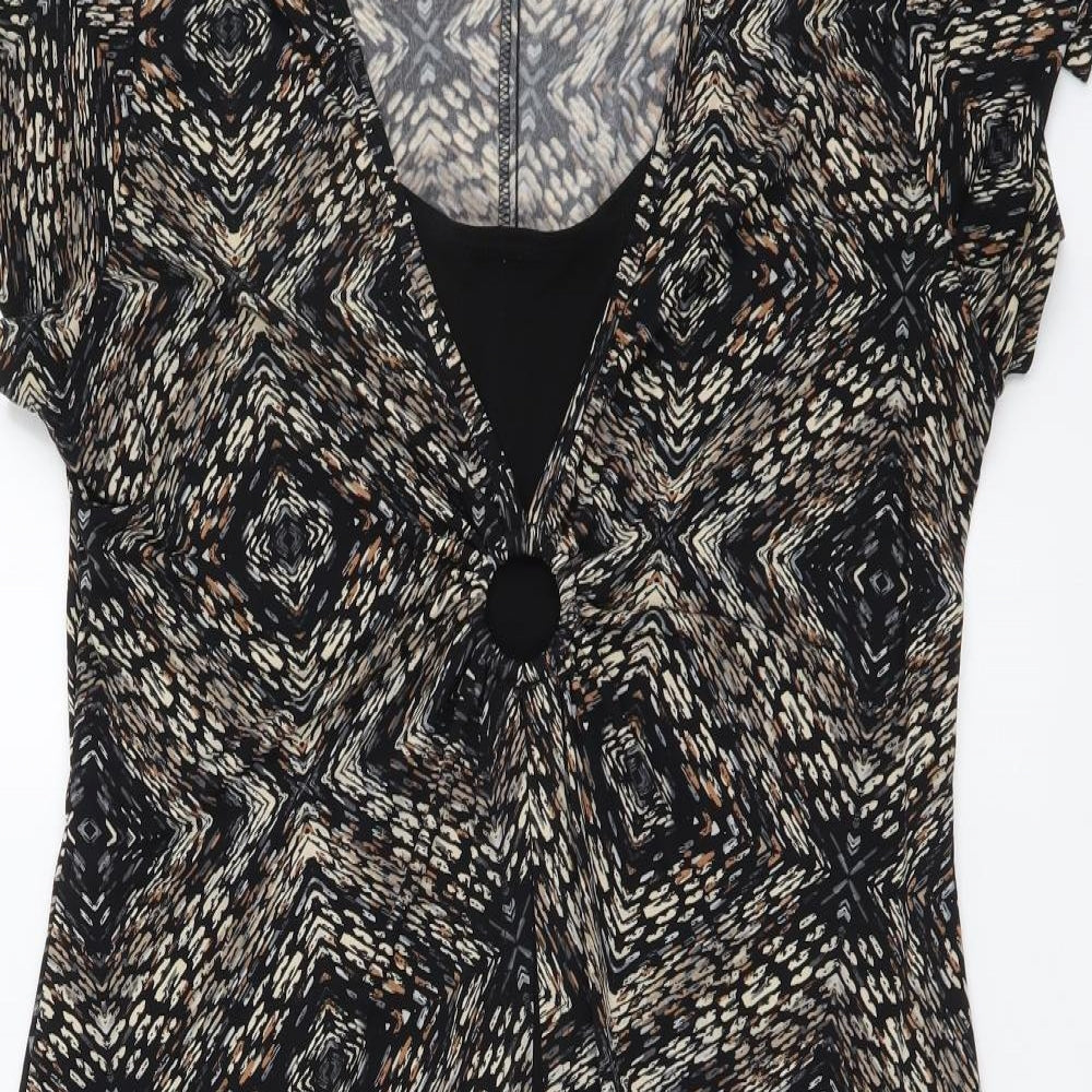 Eonnected Womens Brown Geometric Polyester A-Line Size L V-Neck Pullover