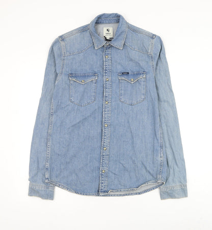 Garcia Mens Blue Cotton Button-Up Size S Collared Button