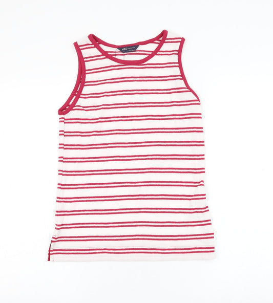 Marks and Spencer Womens White Striped Cotton Basic Tank Size 6 Round Neck