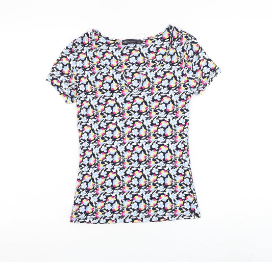Marks and Spencer Womens Floral Viscose Basic T-Shirt Size 6 V-Neck