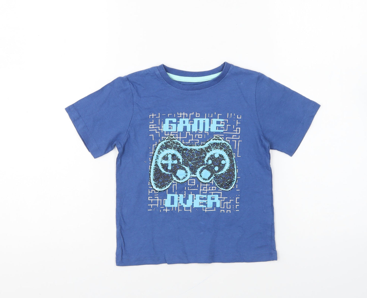 M&Co Boys Blue Cotton Basic T-Shirt Size 4-5 Years Round Neck Pullover - Game Over