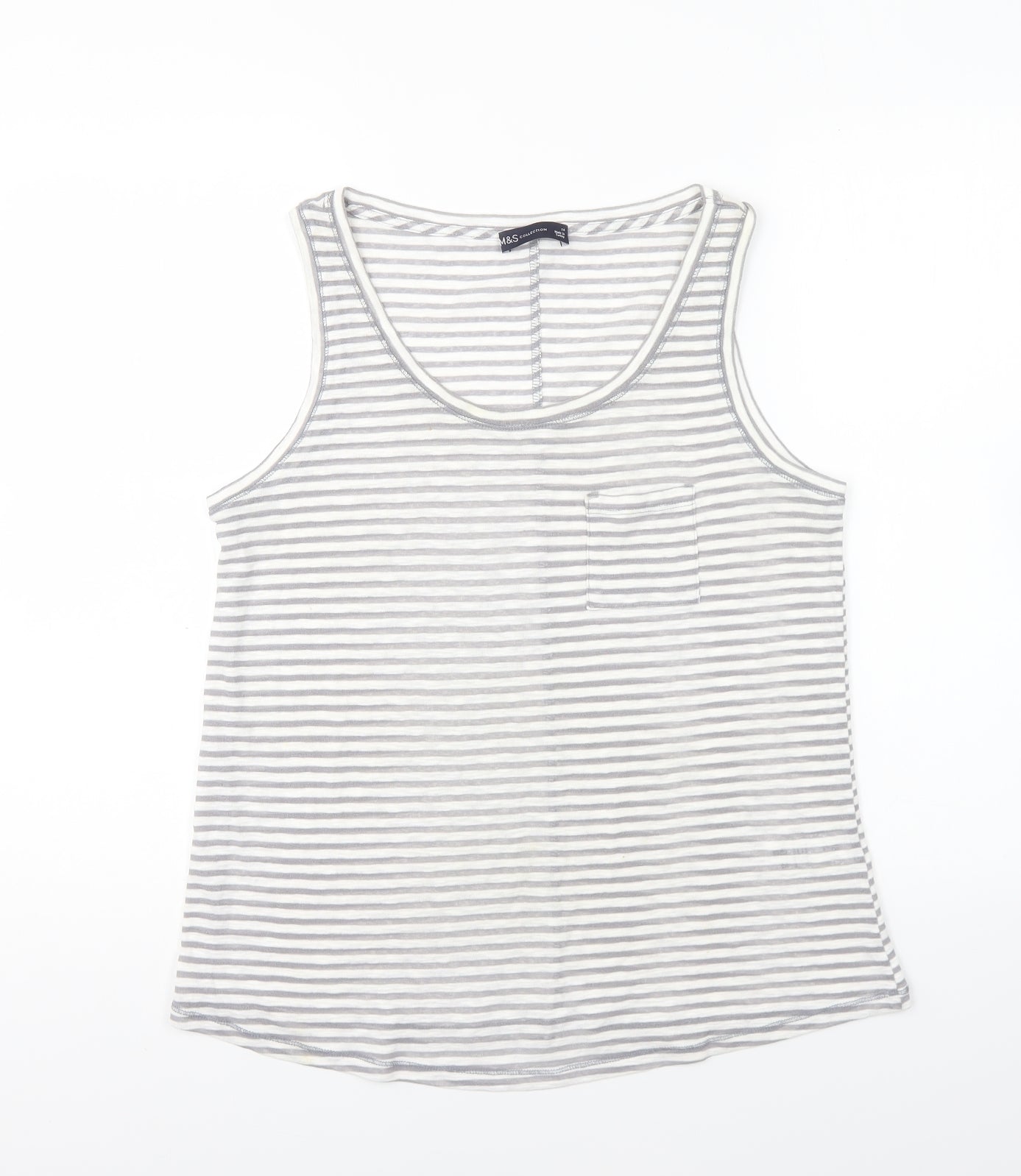 Marks and Spencer Womens Grey Striped Cotton Basic Tank Size 14 Round Neck