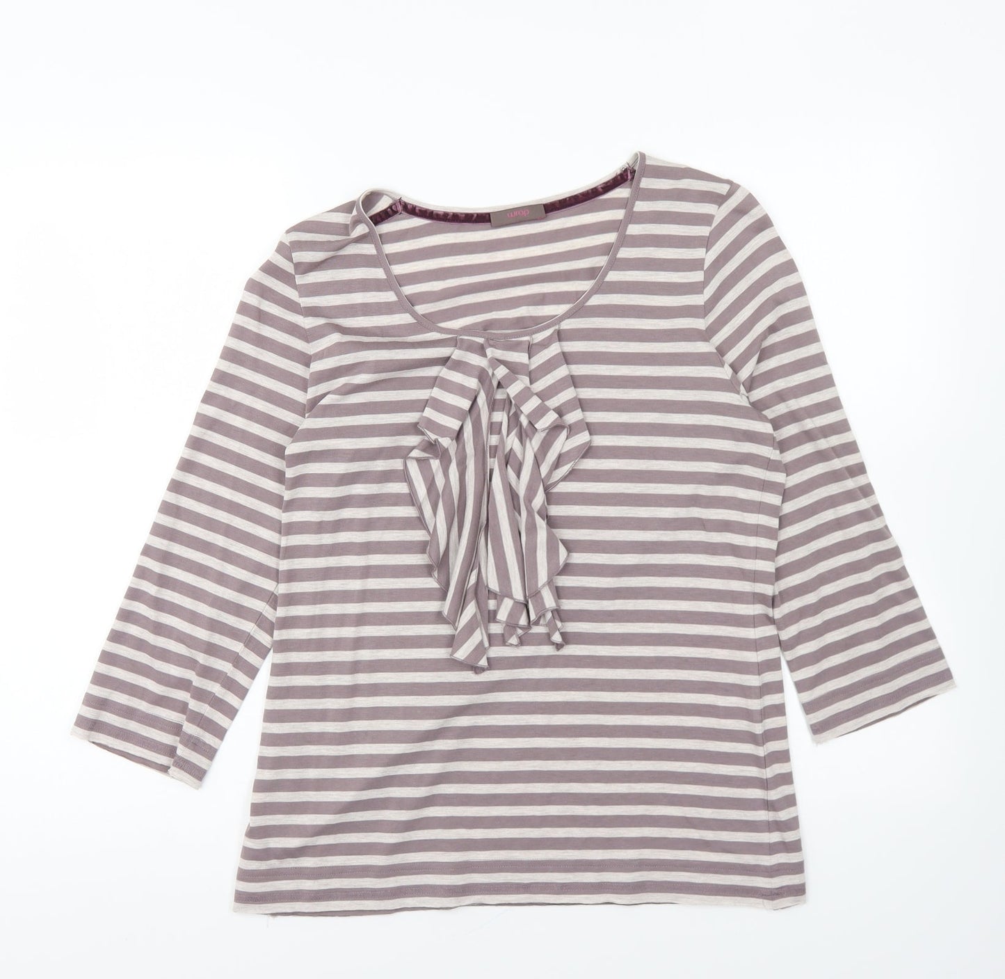 Wrap Womens Grey Striped Viscose Basic T-Shirt Size 12 Round Neck