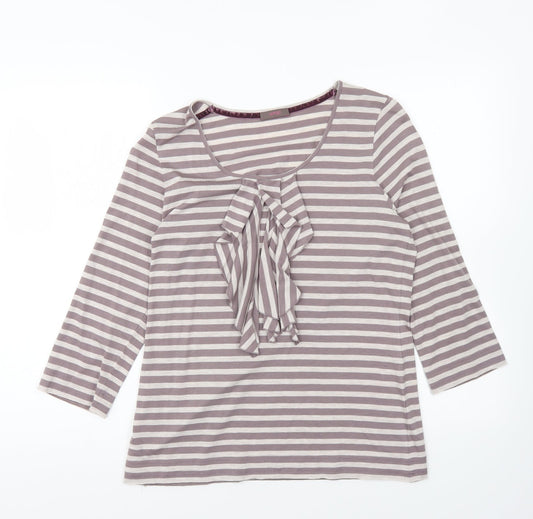 Wrap Womens Grey Striped Viscose Basic T-Shirt Size 12 Round Neck