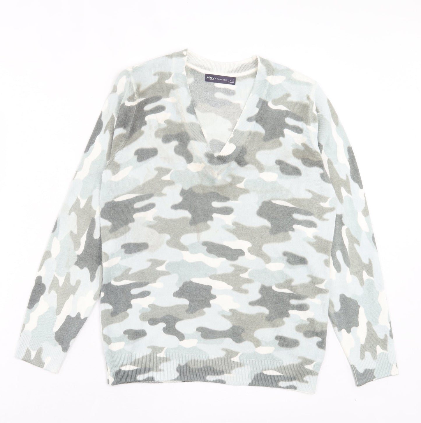 Marks and Spencer Womens Beige V-Neck Camouflage Acrylic Pullover Jumper Size S
