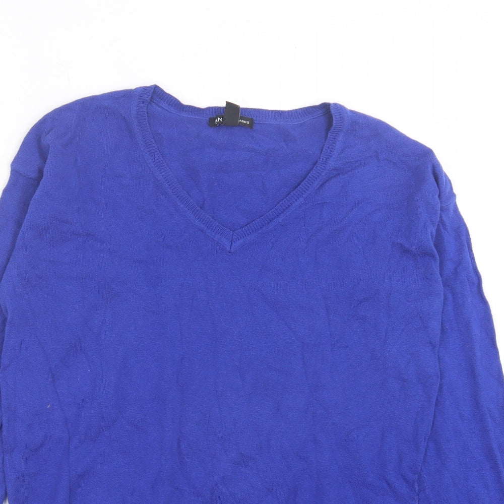 Mango Womens Blue V-Neck Acrylic Pullover Jumper Size M