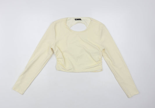 Zara Womens Ivory Polyester Cropped Blouse Size L Round Neck - Open Back