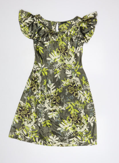Next Womens Green Floral Polyester A-Line Size 6 Boat Neck Button