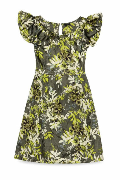 Next Womens Green Floral Polyester A-Line Size 6 Boat Neck Button
