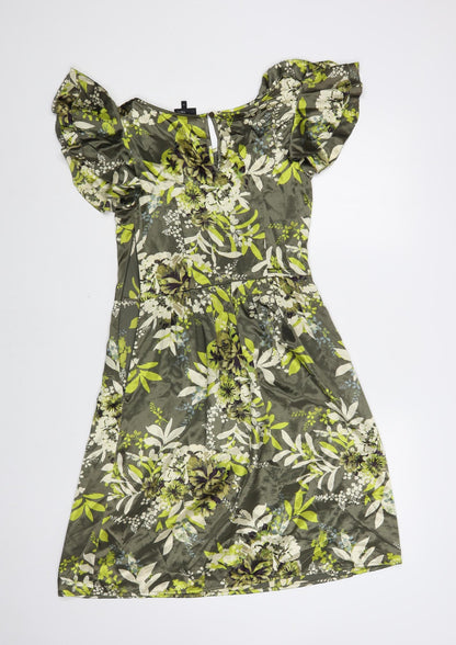 Next Womens Green Floral Polyester A-Line Size 6 Boat Neck Button