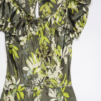 Next Womens Green Floral Polyester A-Line Size 6 Boat Neck Button