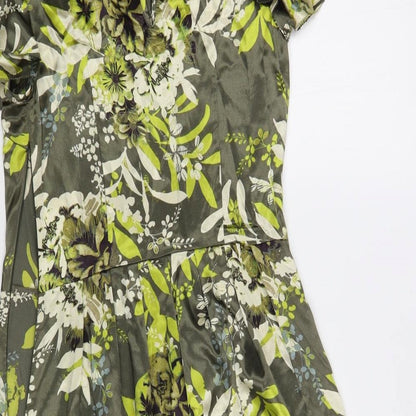 Next Womens Green Floral Polyester A-Line Size 6 Boat Neck Button