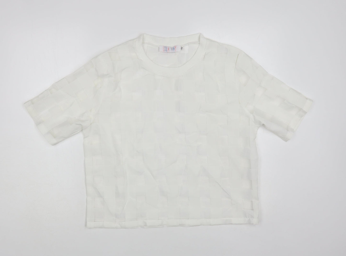 Lola May Womens White Check Polyester Basic Blouse Size S Crew Neck