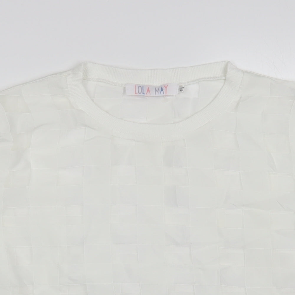 Lola May Womens White Check Polyester Basic Blouse Size S Crew Neck
