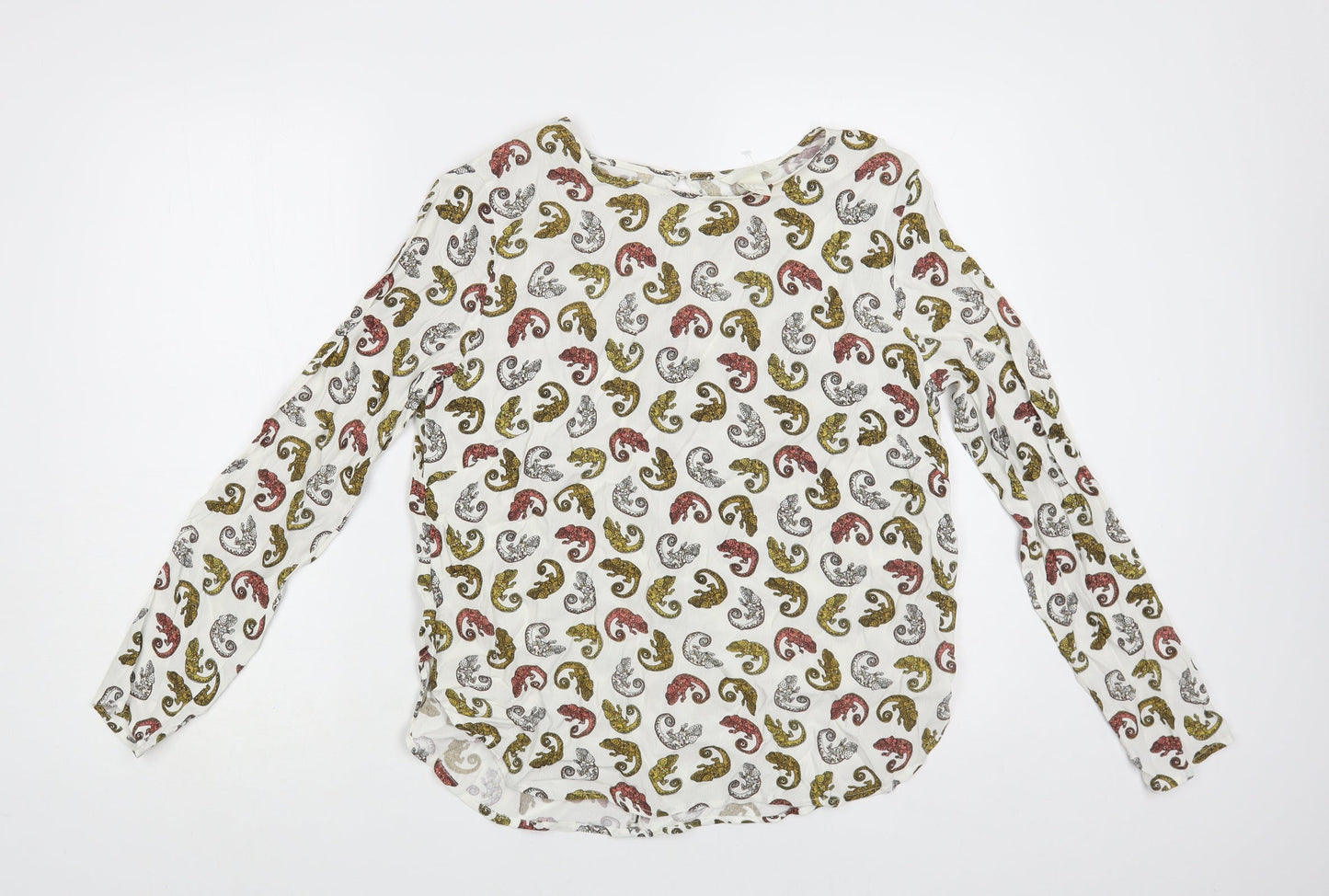 H&M Womens White Geometric Viscose Basic Blouse Size 10 Round Neck