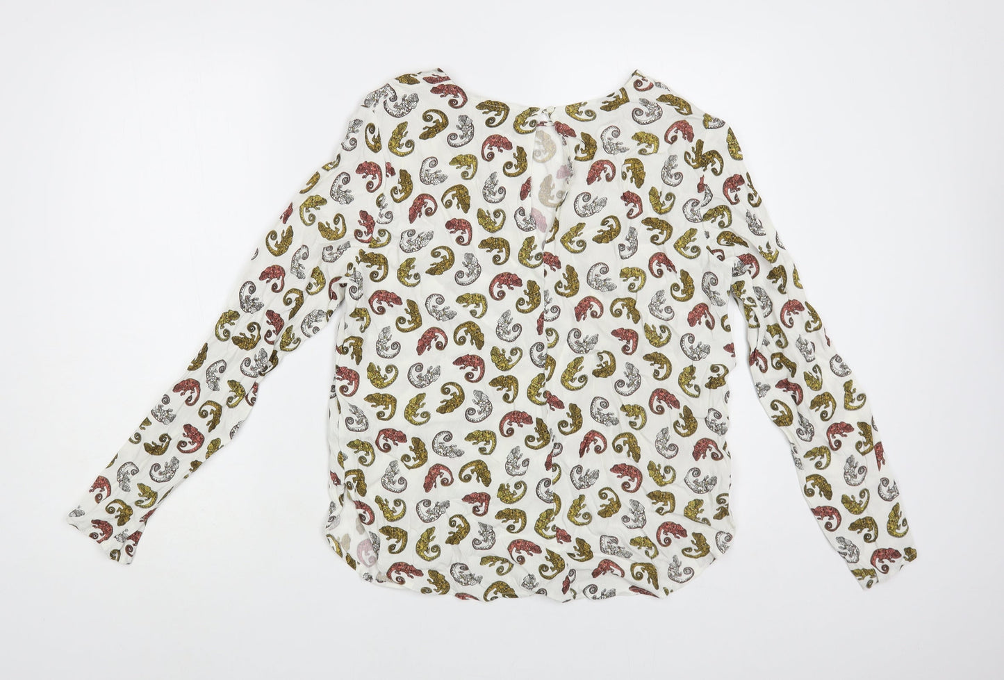 H&M Womens White Geometric Viscose Basic Blouse Size 10 Round Neck