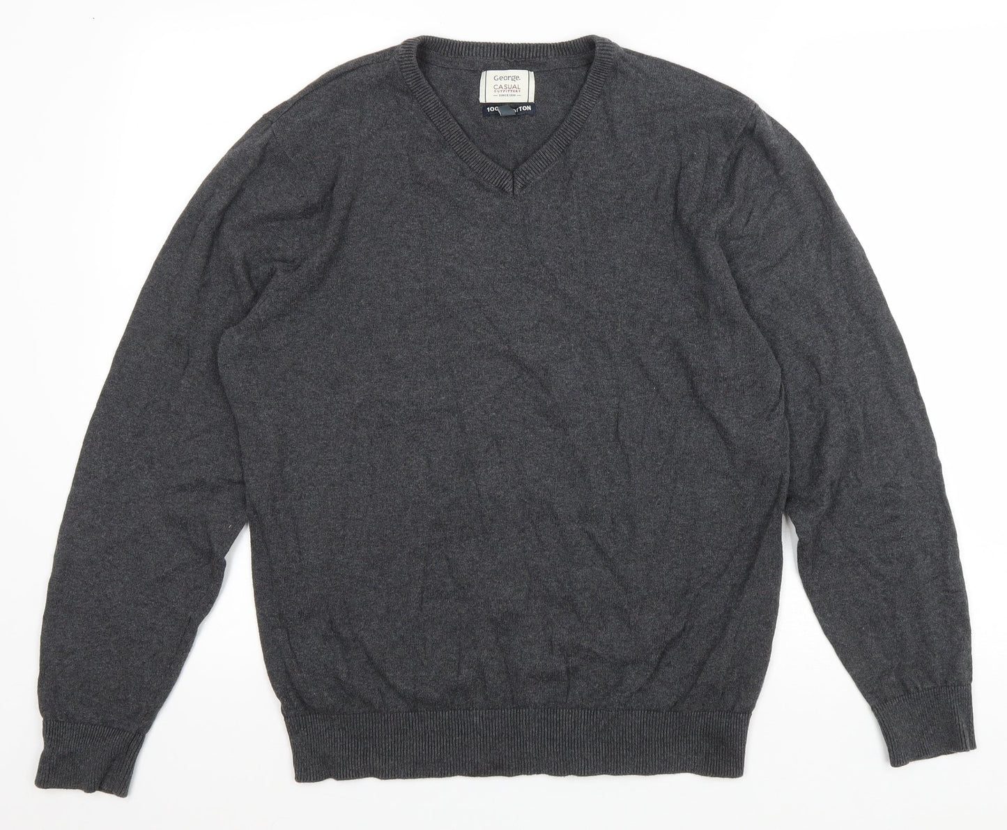 Grorge Mens Grey V-Neck Cotton Pullover Jumper Size M