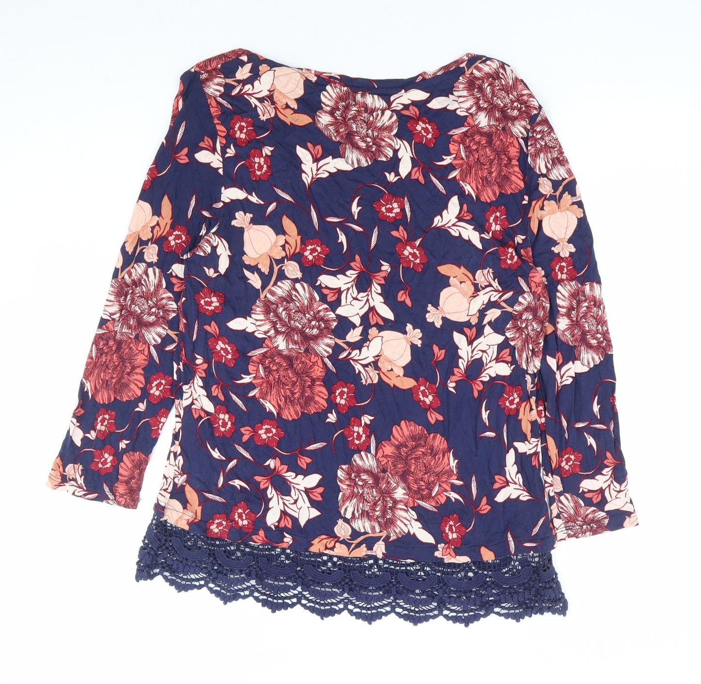 Dorothy Perkins Womens Blue Floral Viscose Basic Blouse Size 14 Round Neck - Crochet Trim