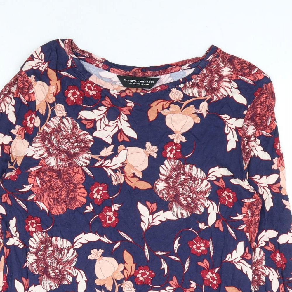 Dorothy Perkins Womens Blue Floral Viscose Basic Blouse Size 14 Round Neck - Crochet Trim