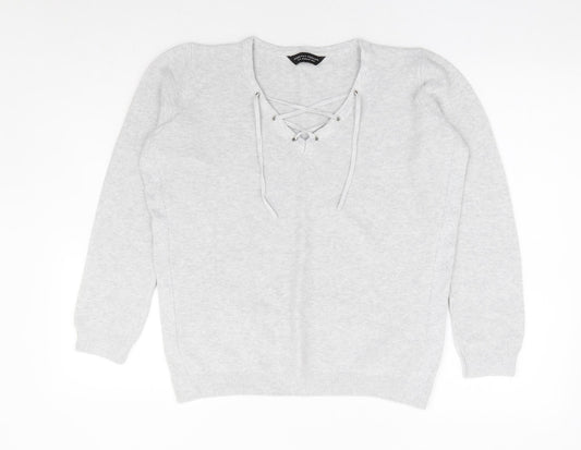 Dorothy Perkins Womens Grey V-Neck 100% Cotton Pullover Jumper Size 12 - Corset Tie Neck Detail
