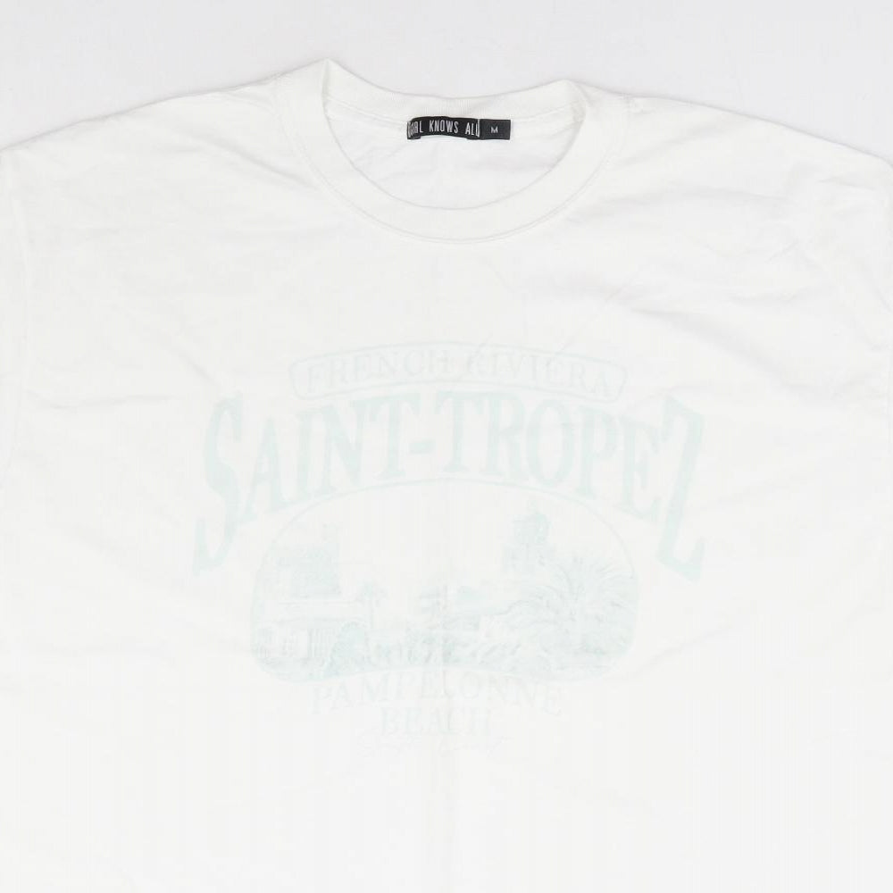 Girl Knows All Womens White Polyester Basic T-Shirt Size M Round Neck - St Tropez