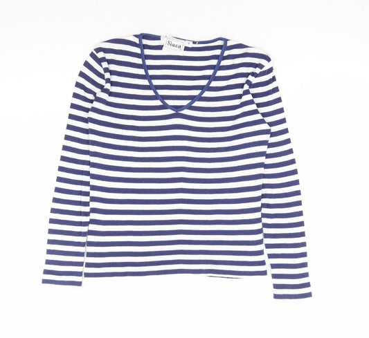 Simon Womens Blue Striped Polyester Basic T-Shirt Size S V-Neck