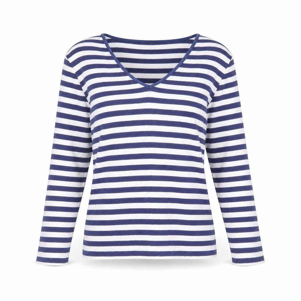 Simon Womens Blue Striped Polyester Basic T-Shirt Size S V-Neck