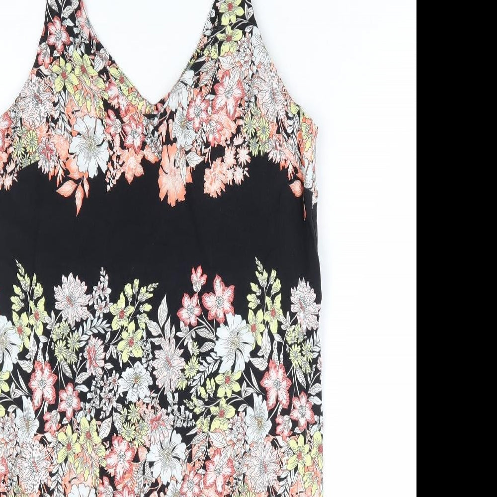F&F Womens Black Floral Viscose Mini Size 6 V-Neck Pullover