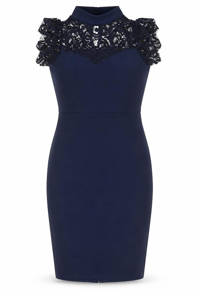 Quiz Womens Blue Polyester Mini Size 8 High Neck Button - Lace Detail