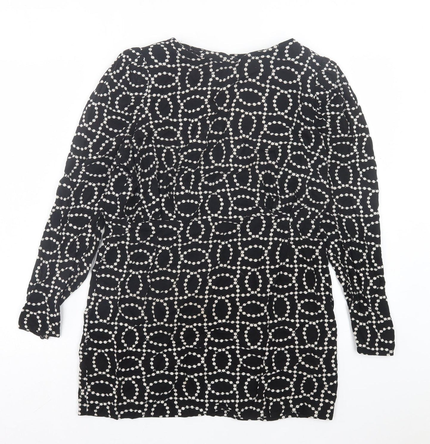 H&M Womens Black Geometric Viscose A-Line Size 14 Crew Neck Button - Shoulder Pads