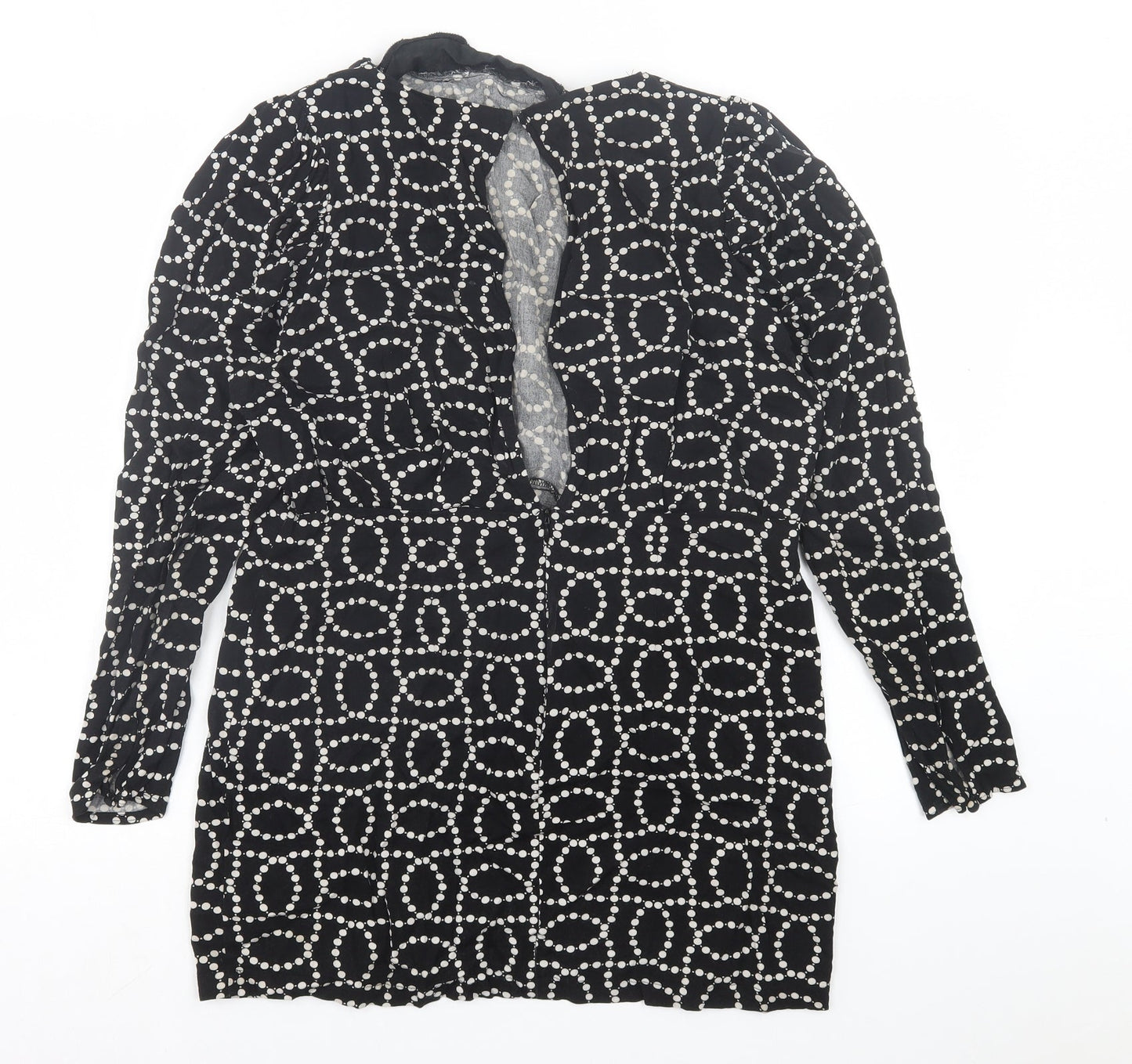 H&M Womens Black Geometric Viscose A-Line Size 14 Crew Neck Button - Shoulder Pads