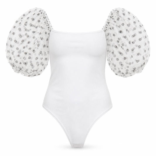 PRETTYLITTLETHING Womens White Polyester Bodysuit One-Piece Size 10 Snap - Mesh Sleeves.