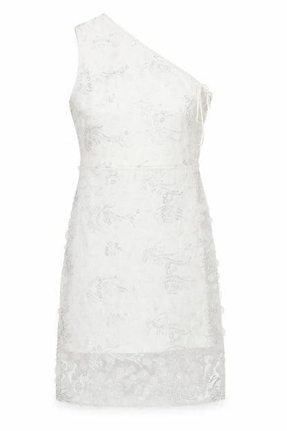 SHEIN Womens White Geometric Polyester Bodycon Size S One Shoulder Zip