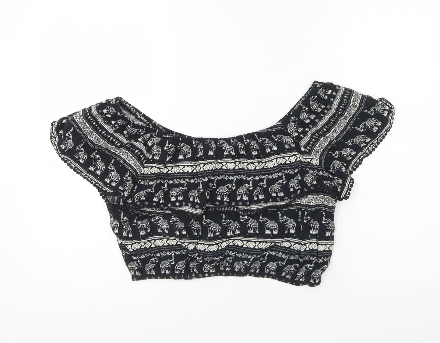 H&M Womens Black Geometric Viscose Cropped Blouse Size 12 Off the Shoulder