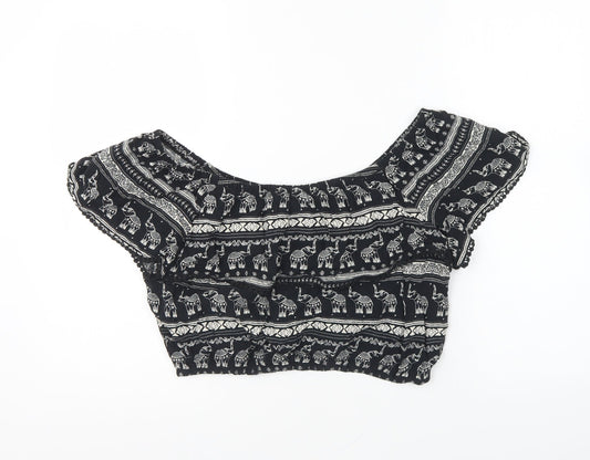 H&M Womens Black Geometric Viscose Cropped Blouse Size 12 Off the Shoulder