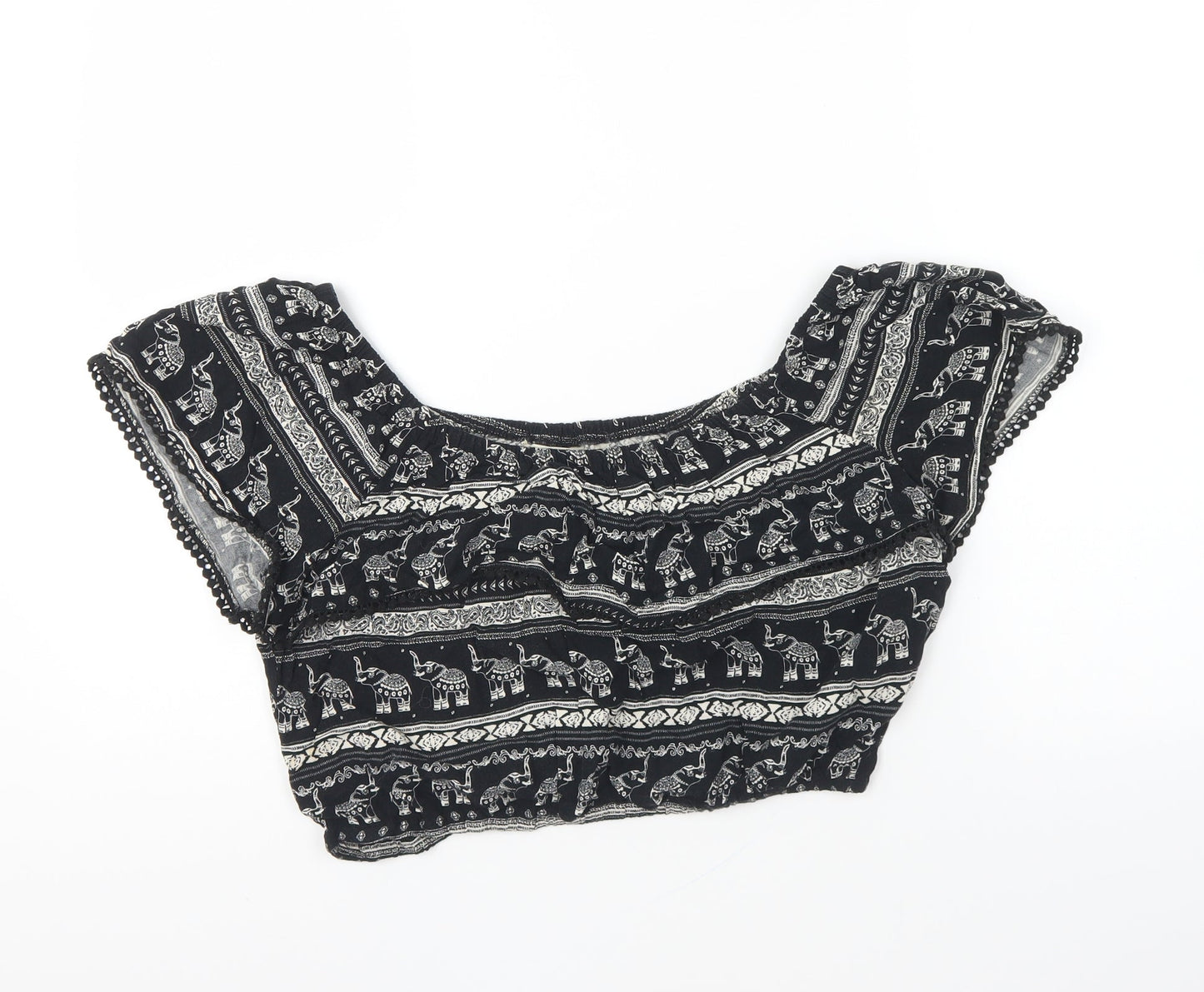 H&M Womens Black Geometric Viscose Cropped Blouse Size 12 Off the Shoulder