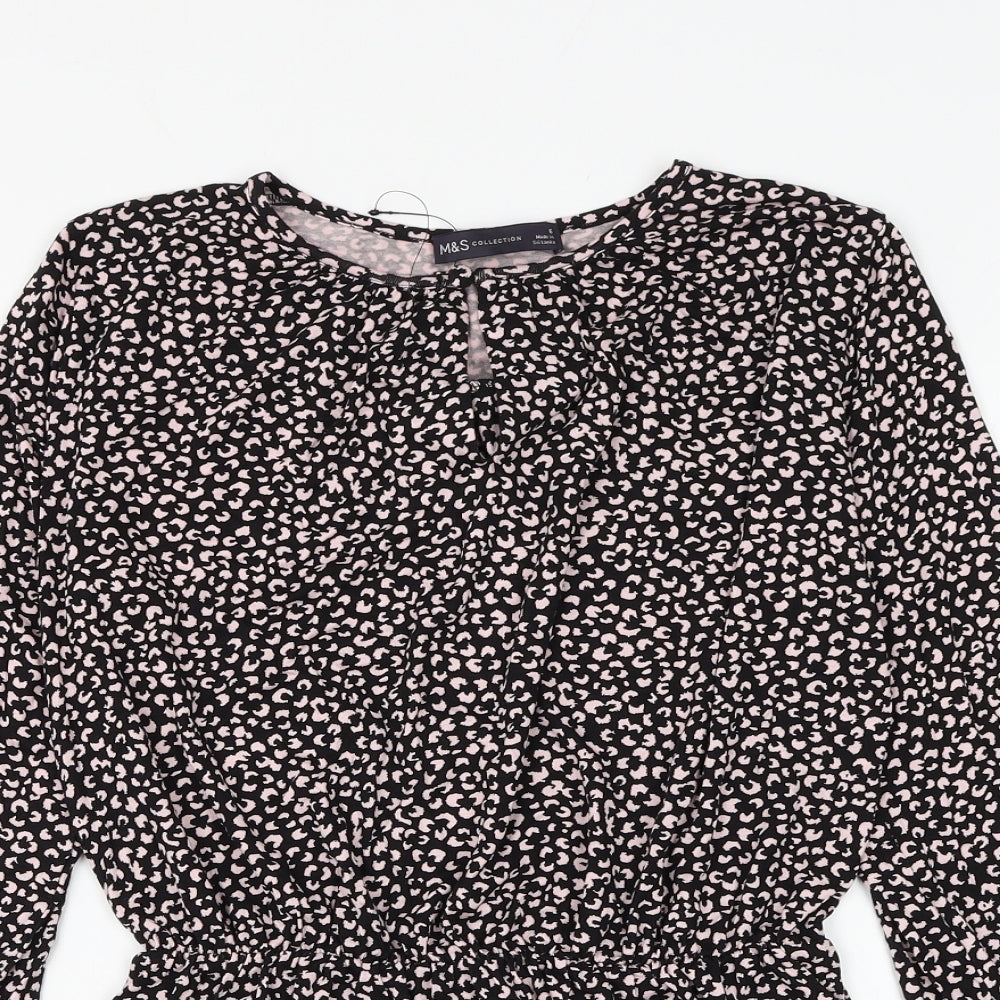 Marks and Spencer Womens Black Animal Print Viscose Basic Blouse Size 6 Round Neck