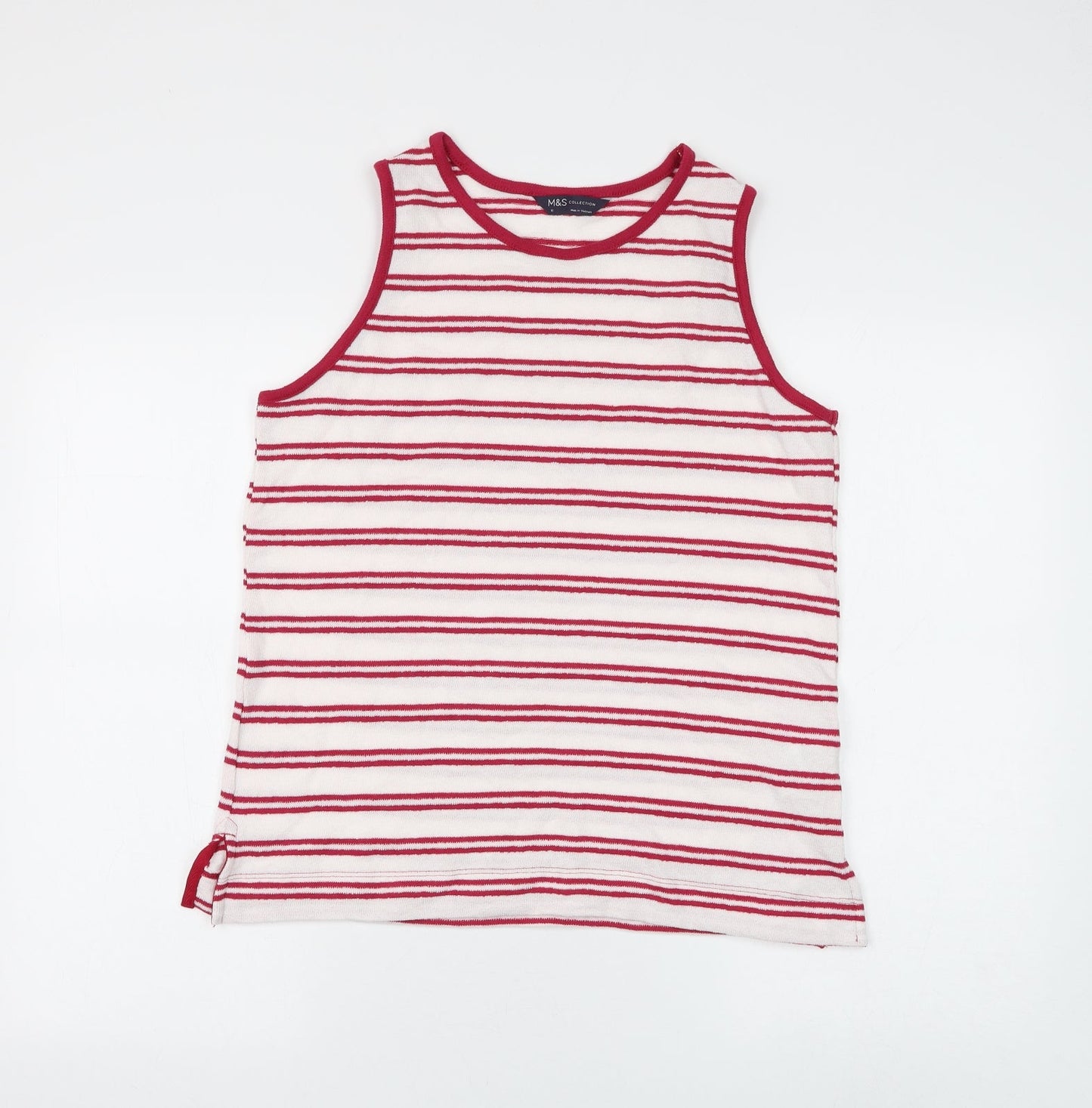 Marks and Spencer Womens White Striped Cotton Basic Tank Size 12 Round Neck