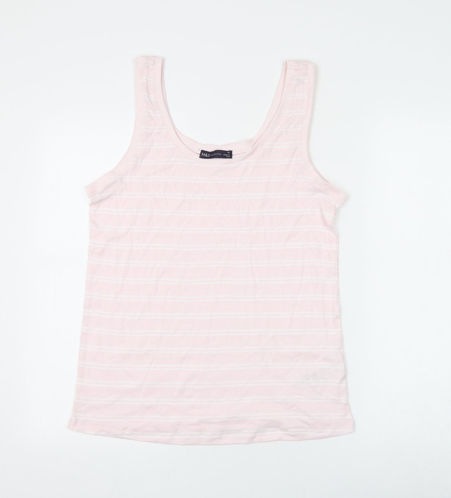 Marks and Spencer Womens Pink Striped Cotton Basic Tank Size 16 Round Neck