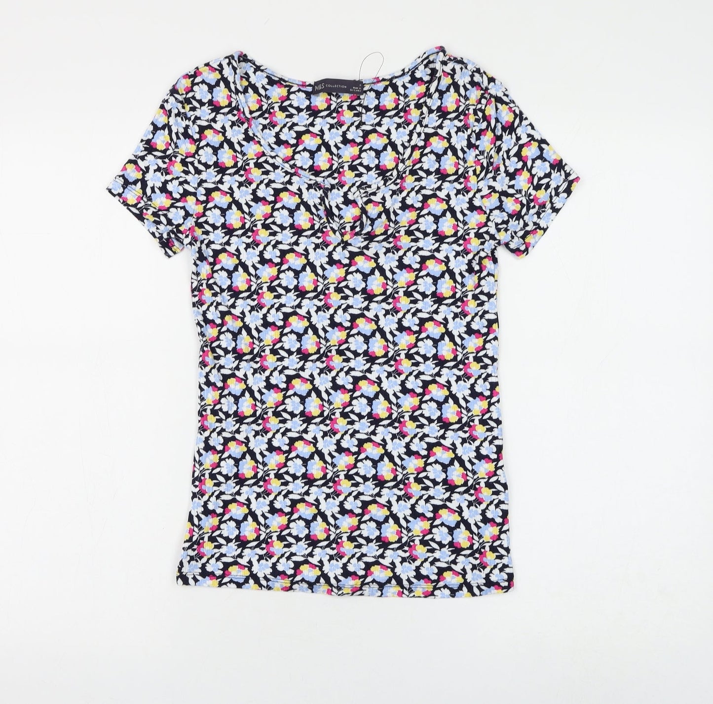Marks and Spencer Womens Blue Floral Viscose Basic T-Shirt Size 8 V-Neck