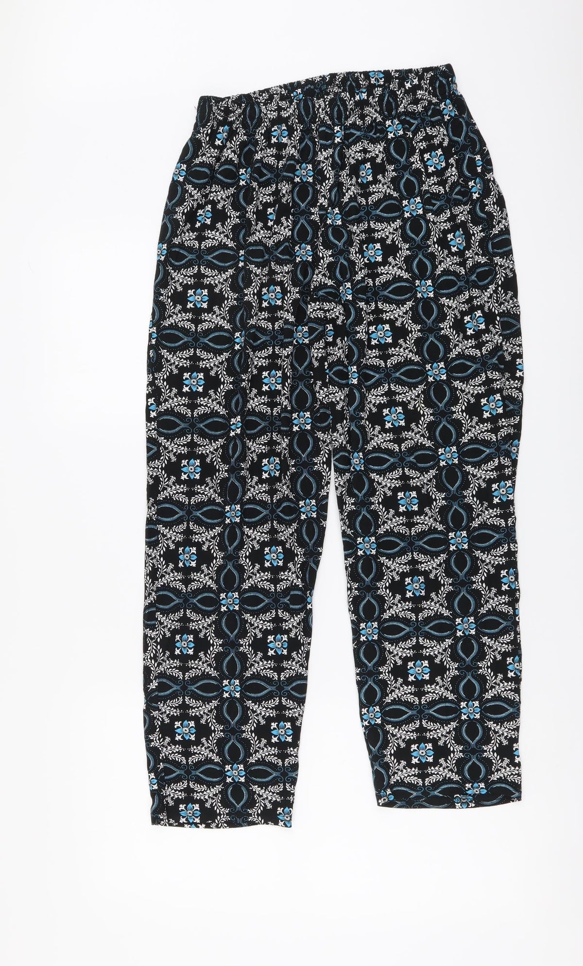 Preworn Womens Blue Geometric Viscose Trousers Size S L25 in Regular Drawstring