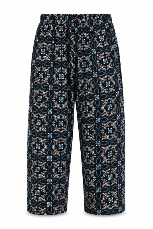 Preworn Womens Blue Geometric Viscose Trousers Size S L25 in Regular Drawstring