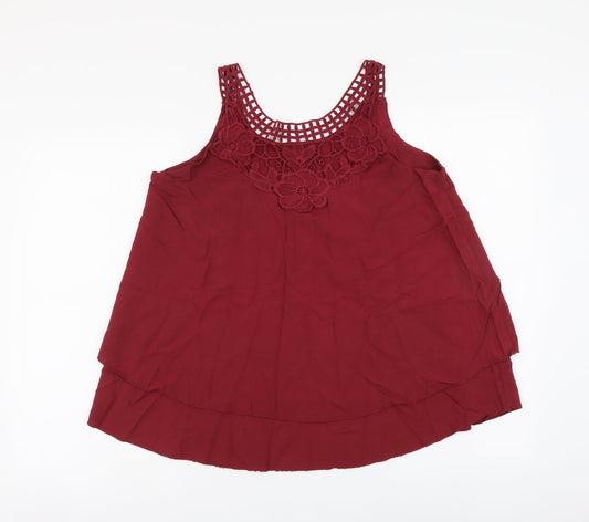 Preworn Womens Red Viscose Basic Tank Size M Round Neck - Lace neckline