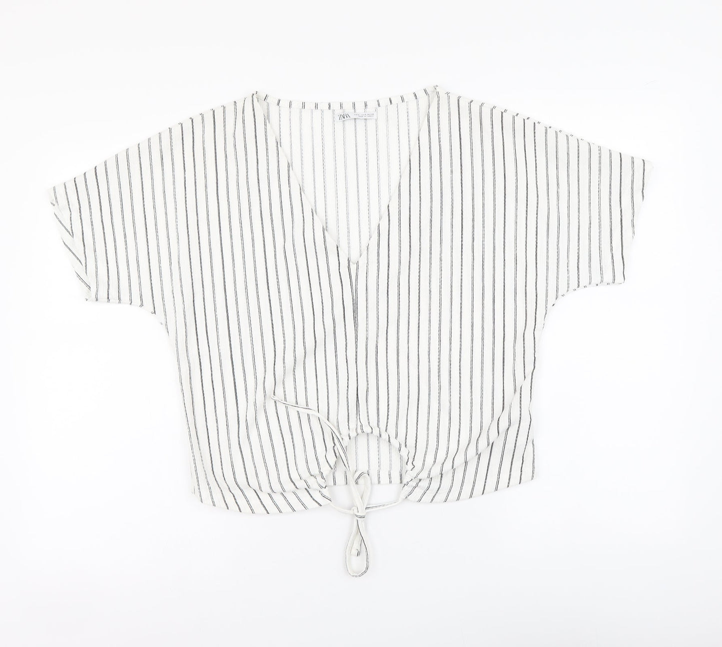 Zara Womens White Striped Polyester Basic Blouse Size M V-Neck