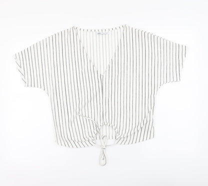 Zara Womens White Striped Polyester Basic Blouse Size M V-Neck