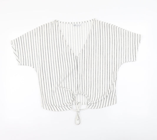 Zara Womens White Striped Polyester Basic Blouse Size M V-Neck