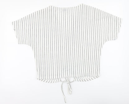 Zara Womens White Striped Polyester Basic Blouse Size M V-Neck