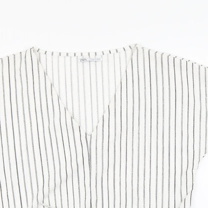 Zara Womens White Striped Polyester Basic Blouse Size M V-Neck